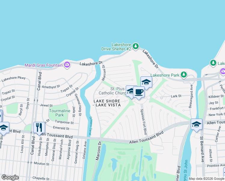 map of restaurants, bars, coffee shops, grocery stores, and more near 74 North Wren Street in New Orleans