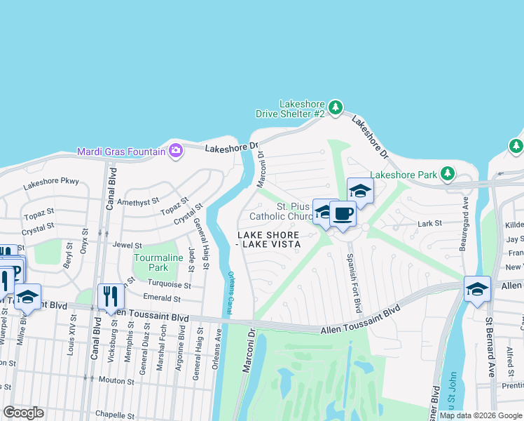 map of restaurants, bars, coffee shops, grocery stores, and more near 35 Thrasher Street in New Orleans