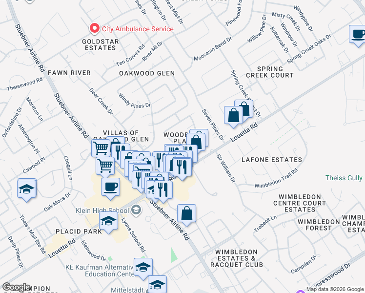 map of restaurants, bars, coffee shops, grocery stores, and more near 6903 Ambler Drive in Spring