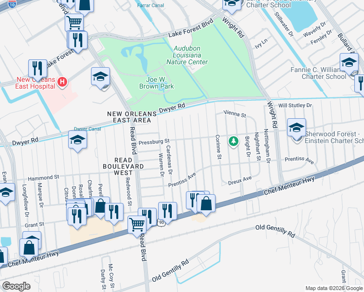 map of restaurants, bars, coffee shops, grocery stores, and more near 4835 Coronado Drive in New Orleans