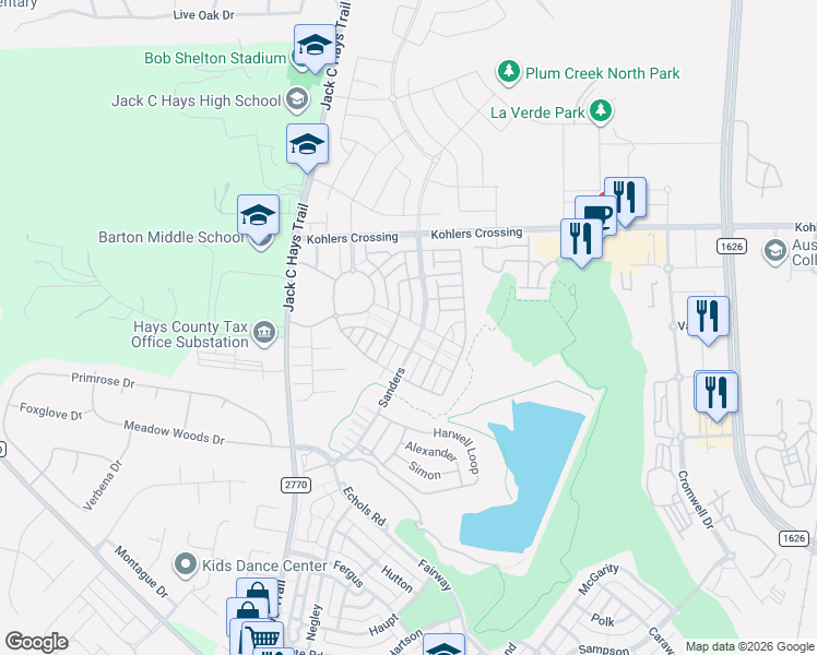 map of restaurants, bars, coffee shops, grocery stores, and more near 2151 Herzog in Kyle