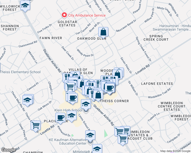 map of restaurants, bars, coffee shops, grocery stores, and more near 7133 Oakwood Glen Boulevard in Spring