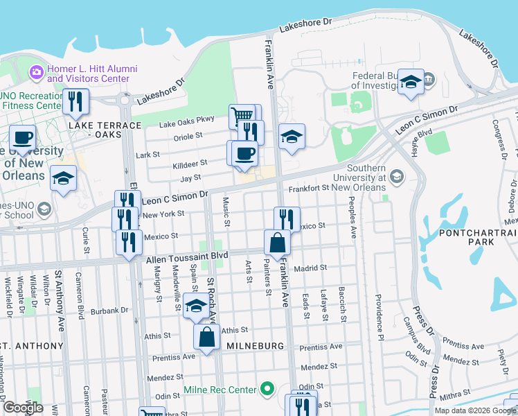 map of restaurants, bars, coffee shops, grocery stores, and more near 2500 Frankfort Street in New Orleans