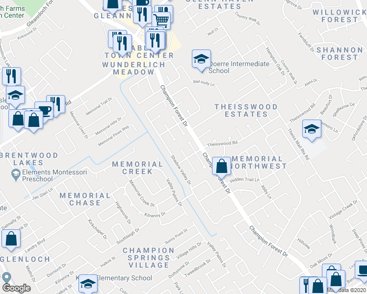 map of restaurants, bars, coffee shops, grocery stores, and more near 17914 Vintage Wood Lane in Spring