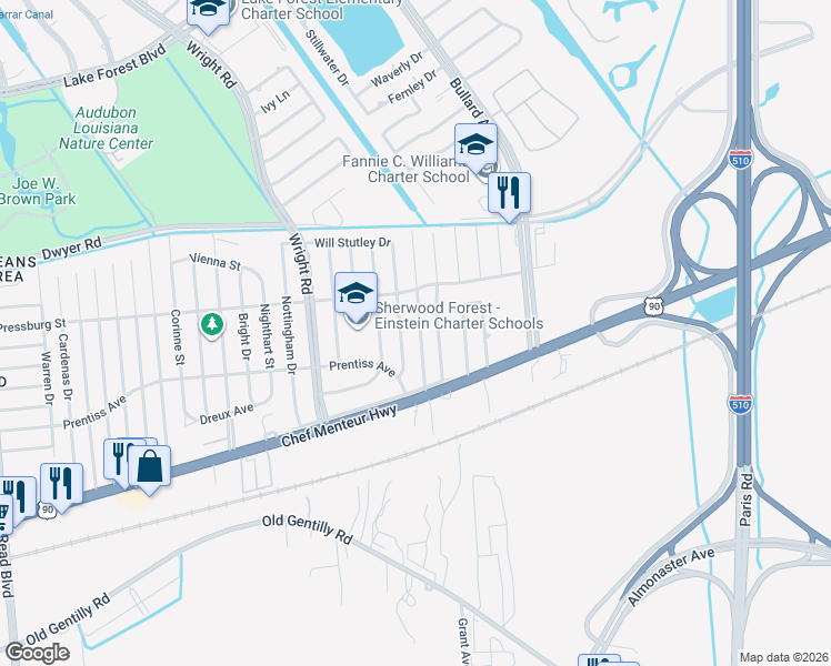 map of restaurants, bars, coffee shops, grocery stores, and more near 4831 Sherwood Drive in New Orleans