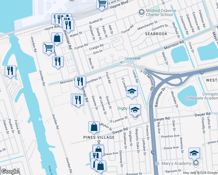 map of restaurants, bars, coffee shops, grocery stores, and more near 7142 Virgilian Street in New Orleans