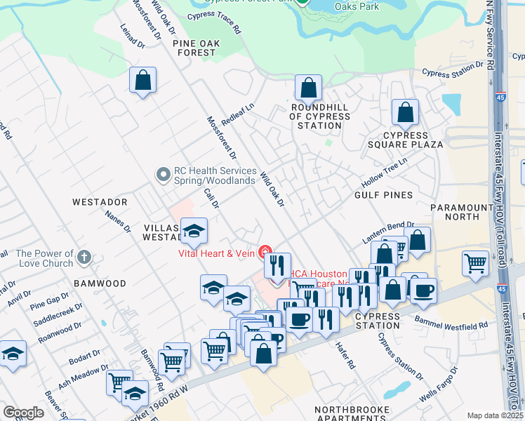 map of restaurants, bars, coffee shops, grocery stores, and more near 17710 Mossforest Drive in Houston