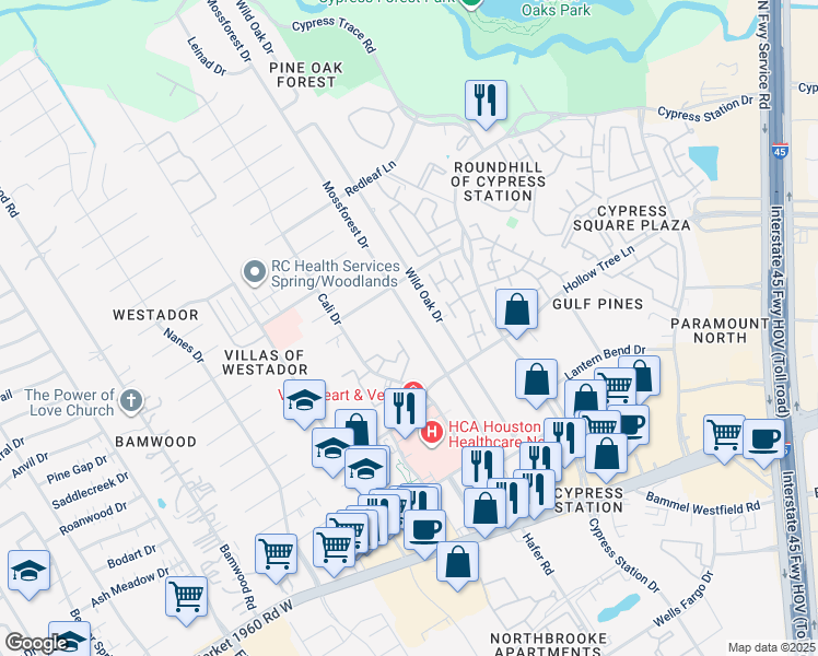 map of restaurants, bars, coffee shops, grocery stores, and more near 17710 Mossforest Drive in Houston