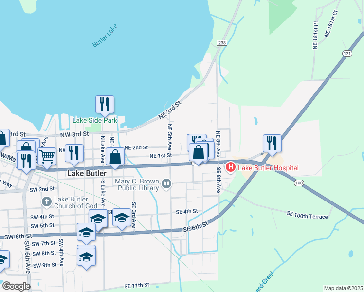 map of restaurants, bars, coffee shops, grocery stores, and more near 605 Northeast 1st Street in Lake Butler