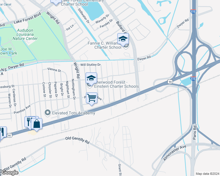 map of restaurants, bars, coffee shops, grocery stores, and more near 4783 Sherwood Drive in New Orleans