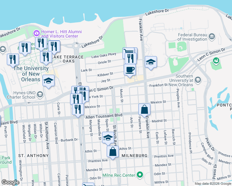 map of restaurants, bars, coffee shops, grocery stores, and more near 6439 Music Street in New Orleans