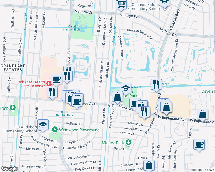 map of restaurants, bars, coffee shops, grocery stores, and more near 3620 Ole Miss Drive in Kenner