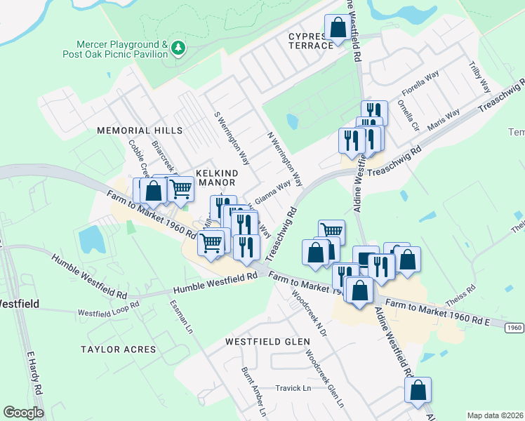 map of restaurants, bars, coffee shops, grocery stores, and more near 21431 Jamals Way in Houston