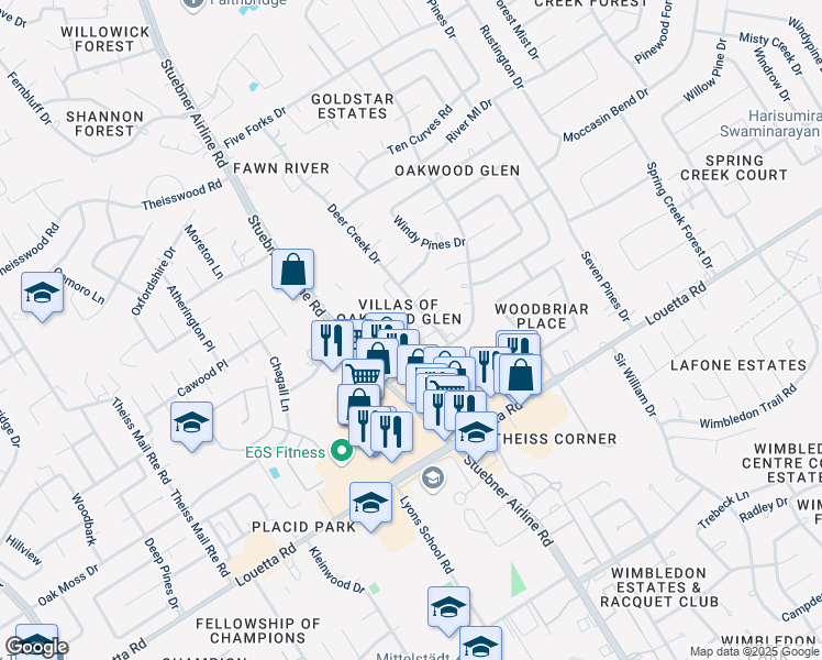 map of restaurants, bars, coffee shops, grocery stores, and more near 17167 Oakwood Chase Drive in Spring