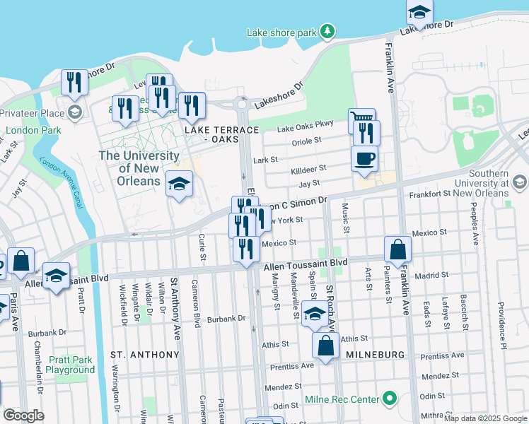 map of restaurants, bars, coffee shops, grocery stores, and more near 2243 Leon C Simon Drive in New Orleans