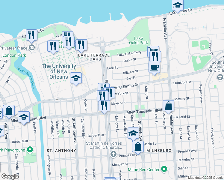 map of restaurants, bars, coffee shops, grocery stores, and more near 2243 Leon C Simon Drive in New Orleans