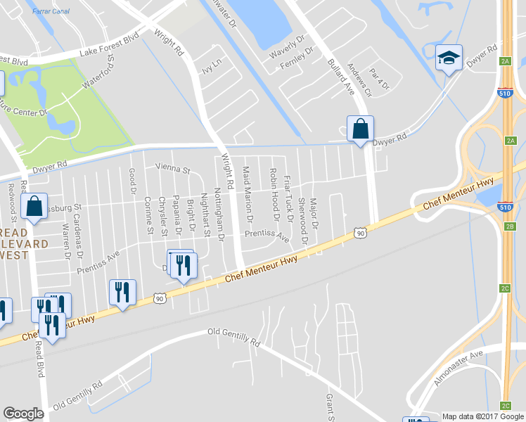 map of restaurants, bars, coffee shops, grocery stores, and more near 4801 Maid Marion Drive in New Orleans