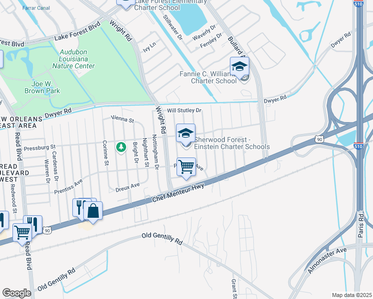 map of restaurants, bars, coffee shops, grocery stores, and more near 4801 Maid Marion Drive in New Orleans