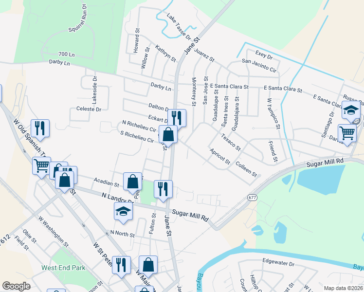 map of restaurants, bars, coffee shops, grocery stores, and more near 1500 Jane Street in New Iberia