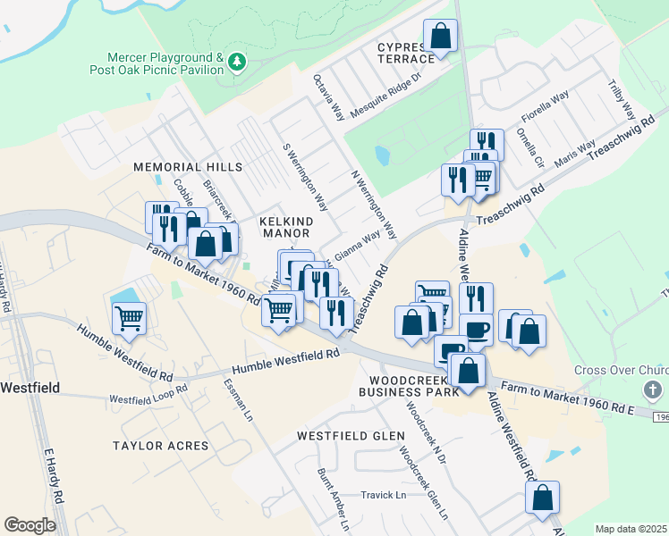 map of restaurants, bars, coffee shops, grocery stores, and more near 21454 Wilona Way in Houston