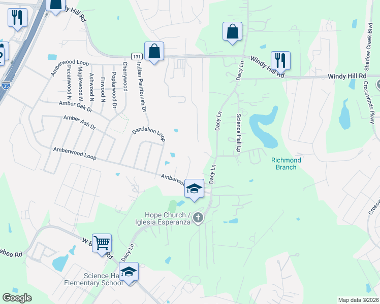 map of restaurants, bars, coffee shops, grocery stores, and more near 102 Park South Drive in Kyle