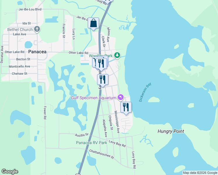 map of restaurants, bars, coffee shops, grocery stores, and more near 40 Division Street in Panacea