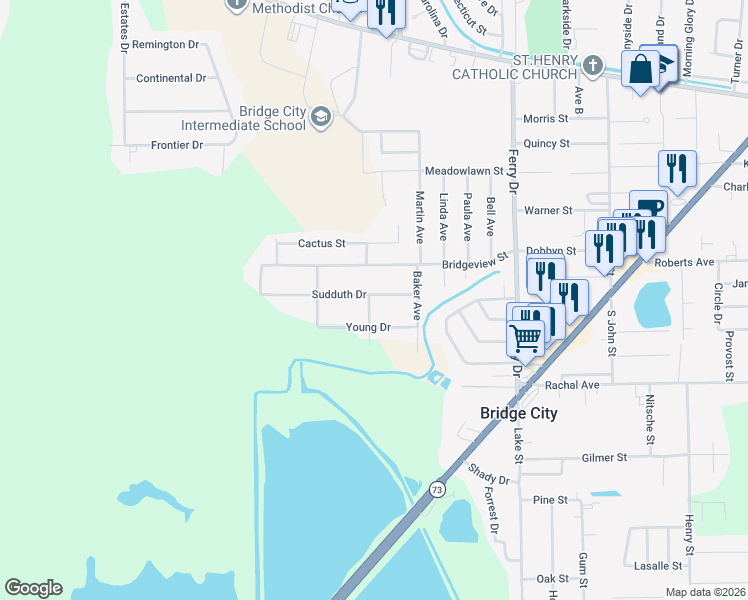 map of restaurants, bars, coffee shops, grocery stores, and more near 690 Sudduth Drive in Bridge City