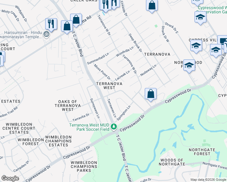 map of restaurants, bars, coffee shops, grocery stores, and more near 17818 Windtree Lane in Spring