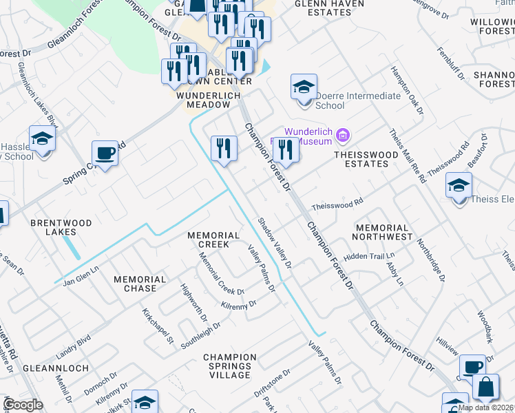 map of restaurants, bars, coffee shops, grocery stores, and more near 18018 Shadow Valley Drive in Spring