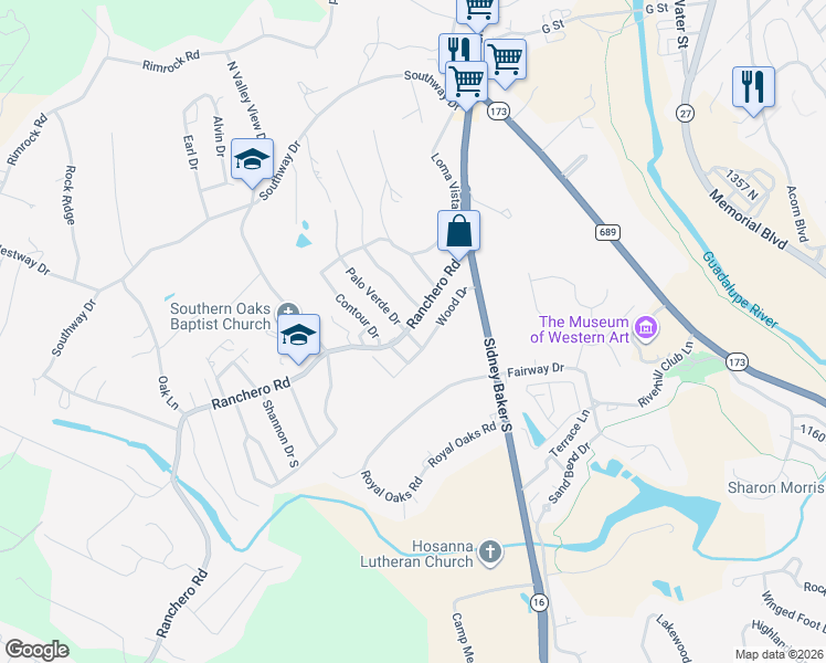 map of restaurants, bars, coffee shops, grocery stores, and more near 105 Palo Verde Drive in Kerrville