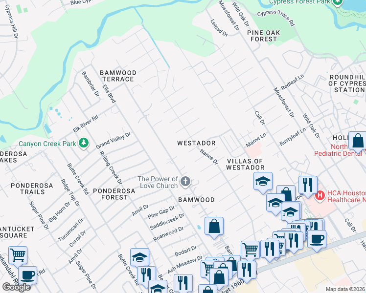 map of restaurants, bars, coffee shops, grocery stores, and more near 1115 Misty Lea Lane in Houston