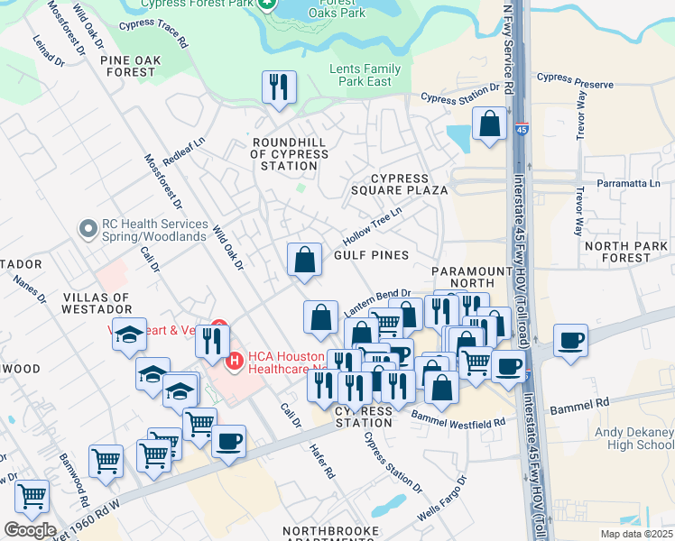 map of restaurants, bars, coffee shops, grocery stores, and more near 17901-17943 Gulf Pines Drive in Houston