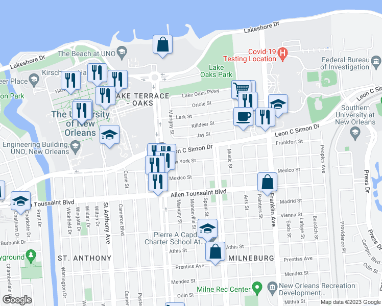 map of restaurants, bars, coffee shops, grocery stores, and more near 2311 Leon C Simon Drive in New Orleans