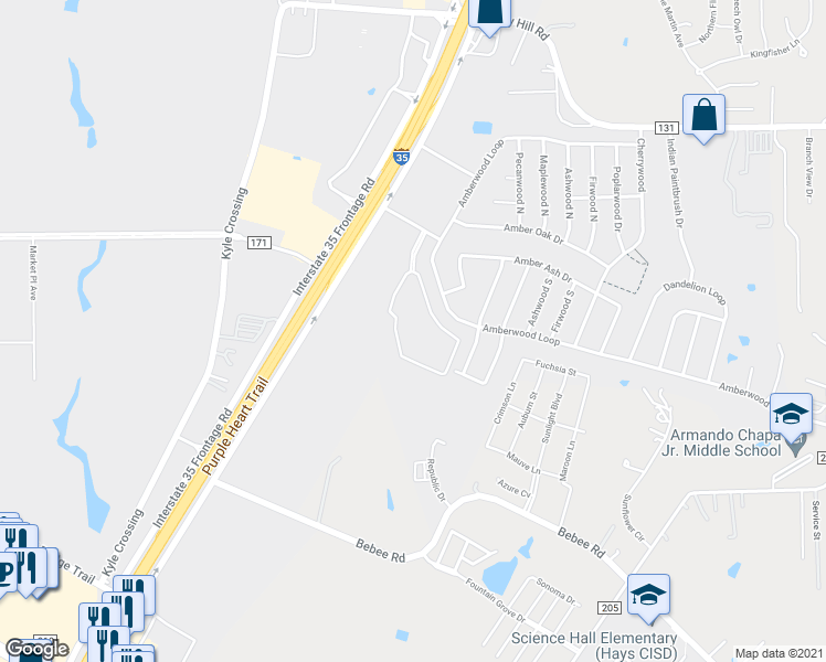 map of restaurants, bars, coffee shops, grocery stores, and more near 210 Amberwood South in Kyle