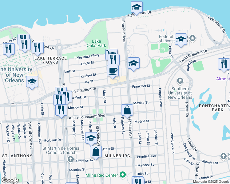map of restaurants, bars, coffee shops, grocery stores, and more near 2500 Frankfort Street in New Orleans