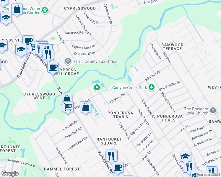 map of restaurants, bars, coffee shops, grocery stores, and more near 1822 Woerner Road in Houston