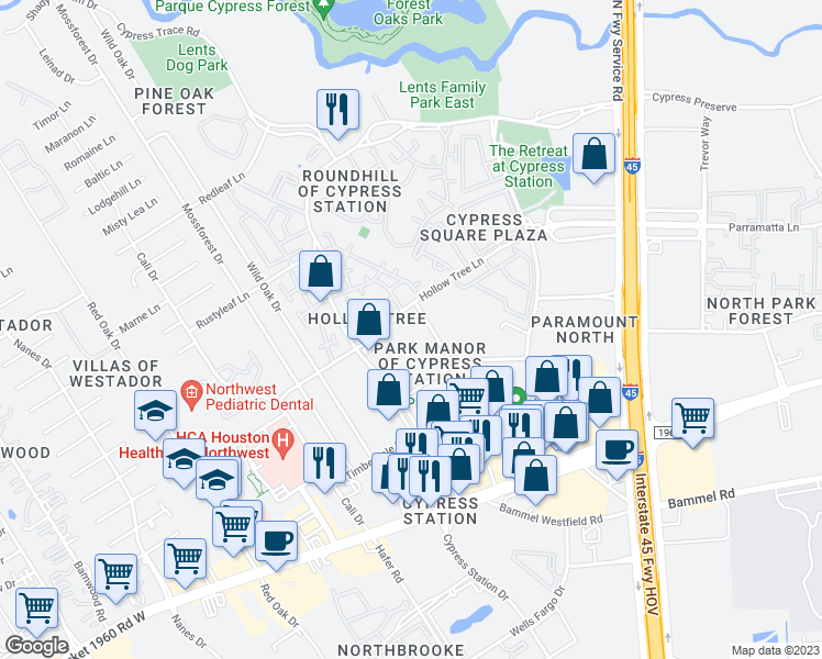 map of restaurants, bars, coffee shops, grocery stores, and more near 303 Hollow Tree Lane in Houston