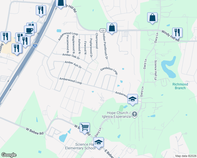 map of restaurants, bars, coffee shops, grocery stores, and more near 351 Amber Ash Drive in Kyle