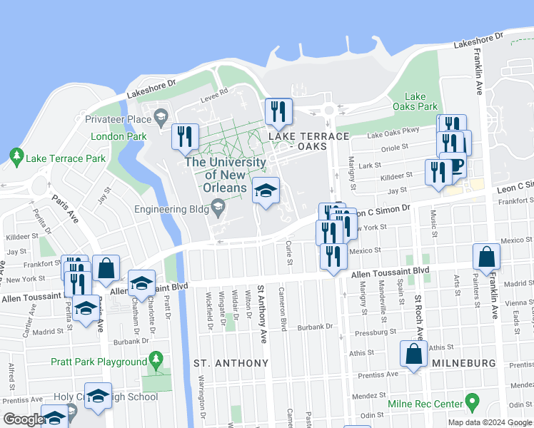 map of restaurants, bars, coffee shops, grocery stores, and more near 2001 Leon C Simon Drive in New Orleans