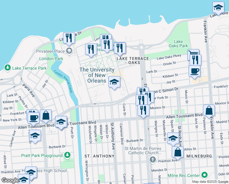 map of restaurants, bars, coffee shops, grocery stores, and more near 2001 Leon C Simon Drive in New Orleans