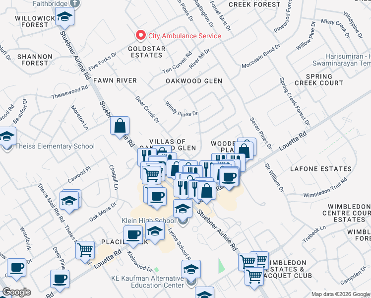 map of restaurants, bars, coffee shops, grocery stores, and more near 7103 Falling Waters Drive in Spring