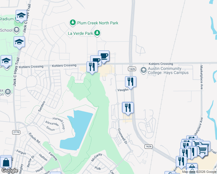 map of restaurants, bars, coffee shops, grocery stores, and more near 4300 Cromwell Drive in Kyle