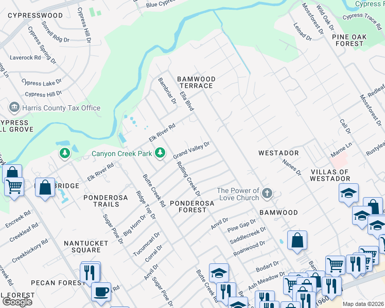 map of restaurants, bars, coffee shops, grocery stores, and more near 1419 Grand Valley Drive in Houston