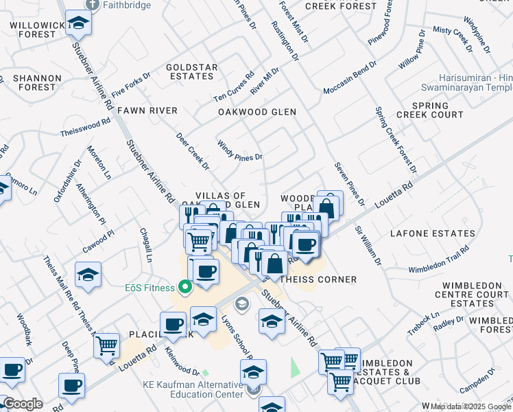 map of restaurants, bars, coffee shops, grocery stores, and more near 700 Oakwood Glen Boulevard in Spring