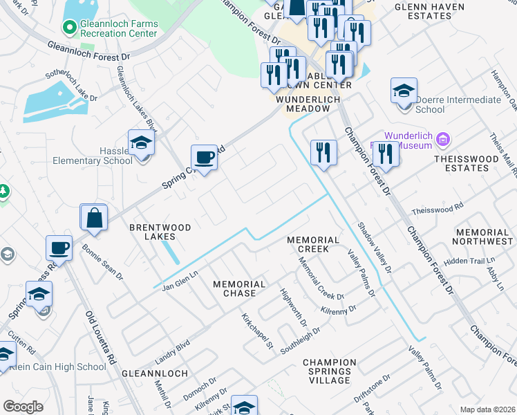 map of restaurants, bars, coffee shops, grocery stores, and more near 9223 Memorial Hills Drive in Spring