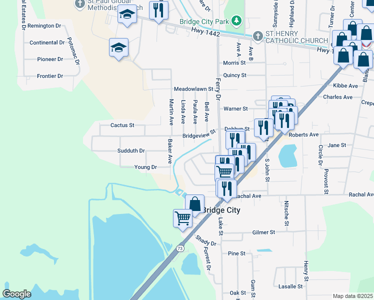 map of restaurants, bars, coffee shops, grocery stores, and more near 318 Youpon Street in Bridge City