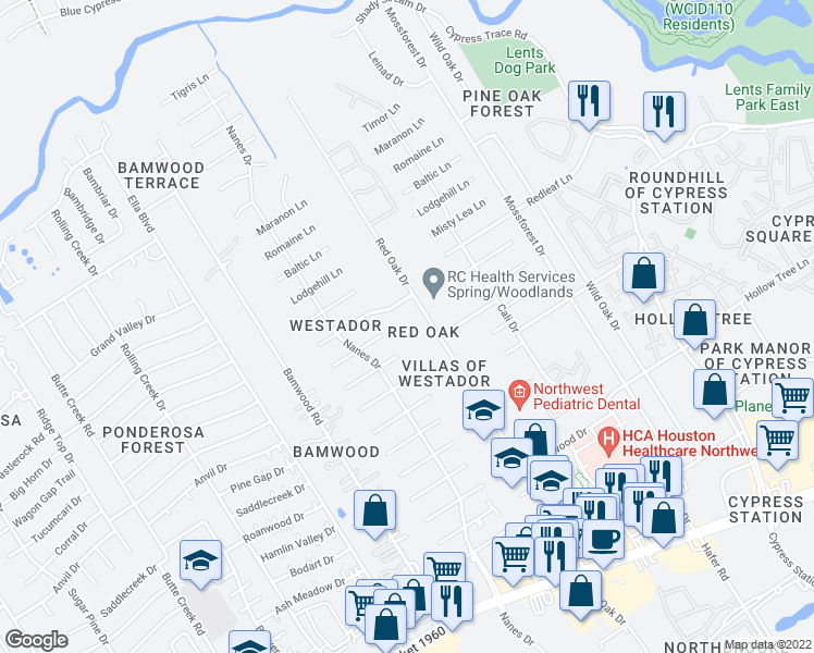 map of restaurants, bars, coffee shops, grocery stores, and more near 17419-17659 Red Oak Drive in Houston
