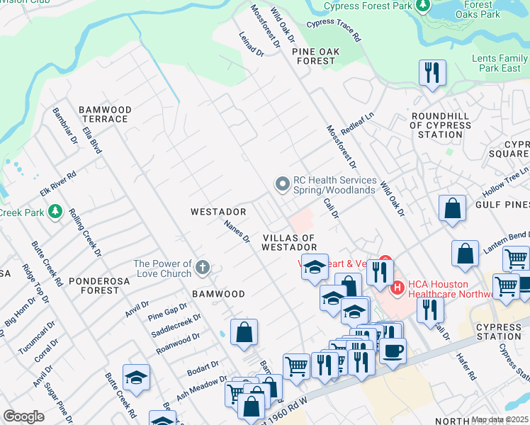 map of restaurants, bars, coffee shops, grocery stores, and more near 17465 Red Oak Drive in Houston