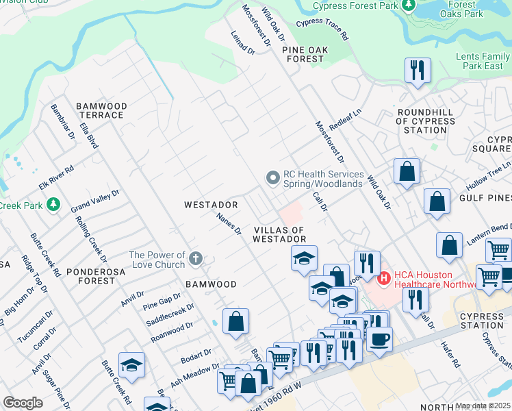 map of restaurants, bars, coffee shops, grocery stores, and more near 17465 Red Oak Drive in Houston