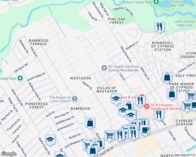 map of restaurants, bars, coffee shops, grocery stores, and more near 17517 Red Oak Drive in Houston